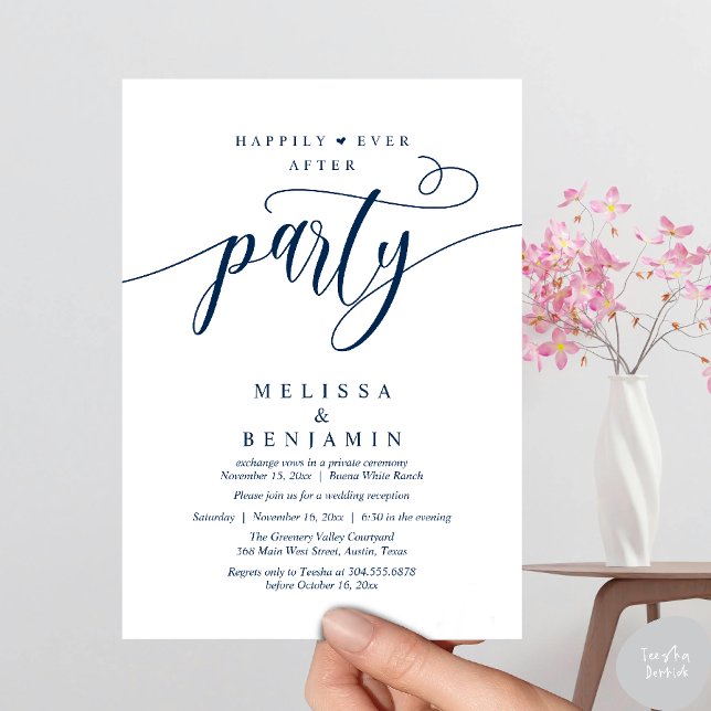 Invitación Happily Ever After Party, Reception Modern Minimal (Happily Ever After Party, Reception Modern Minimal Invitation Card in Navy Blue)