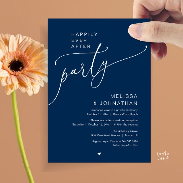 Invitación Happily Ever After Party Romance Wedding Reception (Happily Ever After Party Romance Wedding Reception Invitation card in navy blue)