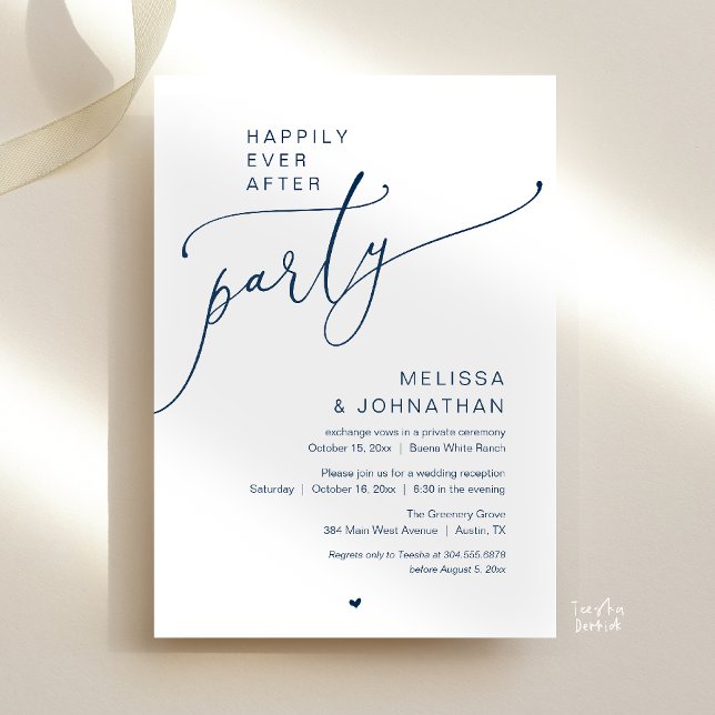 Invitación Happily Ever After Party Romance Wedding Reception (Happily Ever After Party Romance Wedding Reception Invitation card in navy blue)