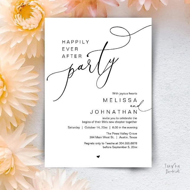 Invitación Happily Ever After Party, Romantic Wedding Dinner (Happily Ever After Party, Romantic Wedding Reception Dinner Invitation Card in Black White)