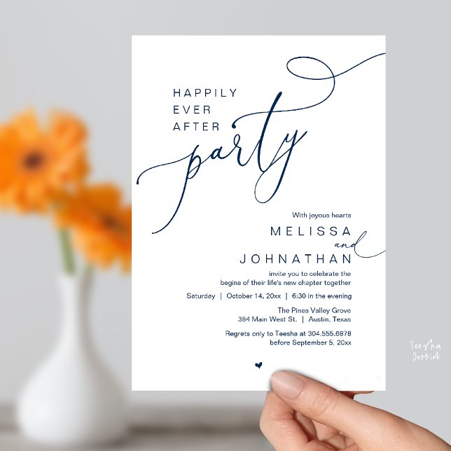 Invitación Happily Ever After Party, Romantic Wedding Dinner (Happily Ever After Party, Romantic Wedding Reception Dinner Invitation Card in Navy Blue)