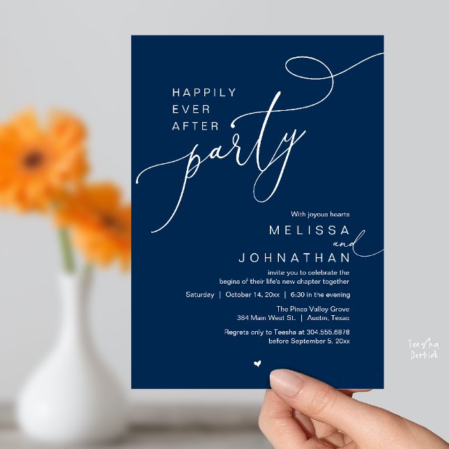 Invitación Happily Ever After Party, Romantic Wedding Dinner (Happily Ever After Party, Romantic Wedding Reception Dinner Invitation Card in Navy Blue)