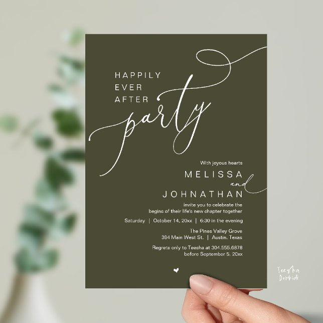 Invitación Happily Ever After Party, Romantic Wedding Dinner (Happily Ever After Party, Romantic Wedding Reception Dinner Invitation Card in Olive Green)