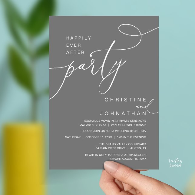 Invitación Happily Ever After Party Romantic Weds Reception (Happily Ever After Party Romantic Weds Reception Invitation Card in Dark Grey)