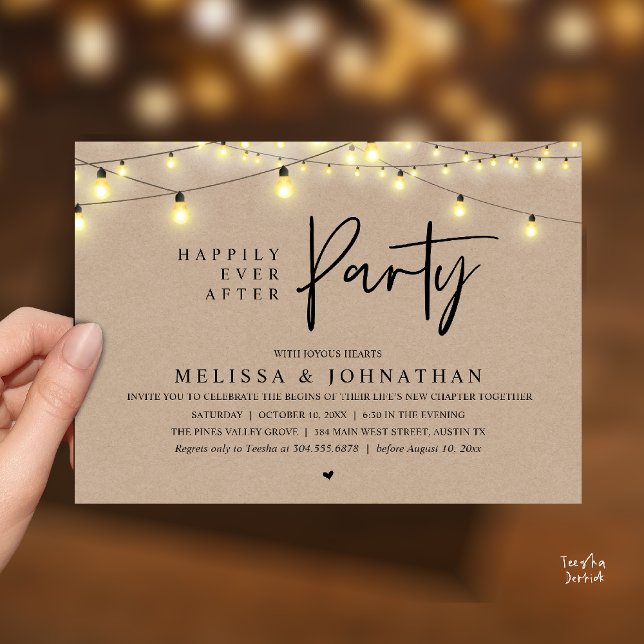 Invitación Happily Ever After Party, Rustic String Lights (Happily Ever After Party, Rustic Wedding String Lights Invitation card, Reception Brown Kraft )