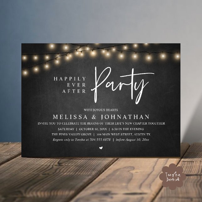 Invitación Happily Ever After Party, Rustic String Lights (Happily Ever After Party, Rustic Wedding String Lights Invitation card, Reception chalkboard)