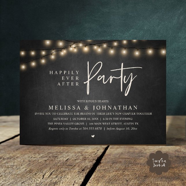 Invitación Happily Ever After Party, Rustic String Lights (Happily Ever After Party, Rustic Wedding String Lights Invitation card, Reception chalkboard)