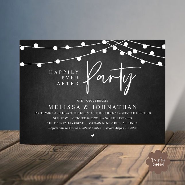 Invitación Happily Ever After Party, Rustic String Lights (Happily Ever After Party, Rustic Wedding String Lights Invitation card, Reception chalkboard)