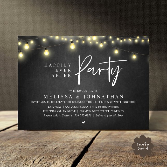Invitación Happily Ever After Party, Rustic String Lights (Happily Ever After Party, Rustic Wedding String Lights Invitation card, Reception chalkboard)