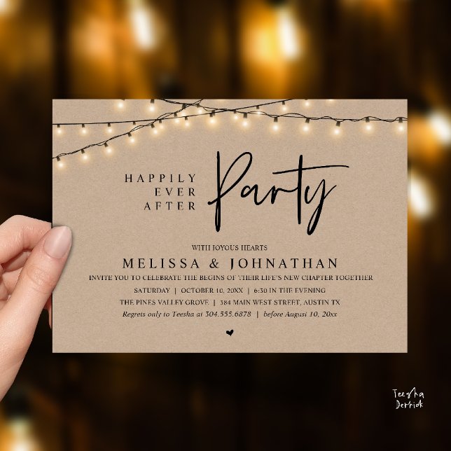 Invitación Happily Ever After Party, Rustic String Lights (Happily Ever After Party, Rustic Wedding String Lights Invitation card, Reception Brown Kraft )