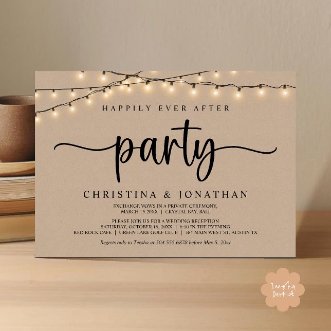Invitación Happily Ever After Party, Rustic String Lights Wed (Happily Ever After Party, Rustic String Lights Wed Invitation Card, Dark Brown kraft Background)