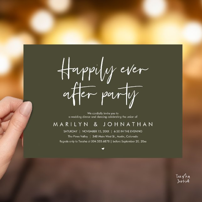 Invitación Happily Ever After Party, Wedding Dinner Dancing (Happily Ever After Party, Wedding Dinner Dancing Invitation Card in Olive Green)