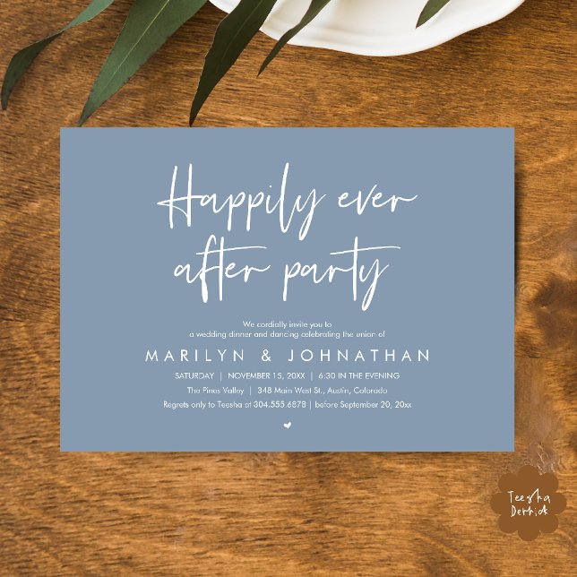 Invitación Happily Ever After Party, Wedding Dinner Dancing (Happily Ever After Party, Wedding Dinner Dancing Invitation Card in Dusty Blue)