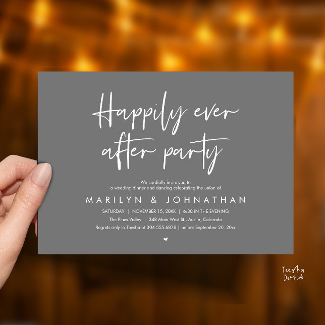 Invitación Happily Ever After Party, Wedding Dinner Dancing (Happily Ever After Party, Wedding Dinner Dancing Invitation Card in Dark Grey)