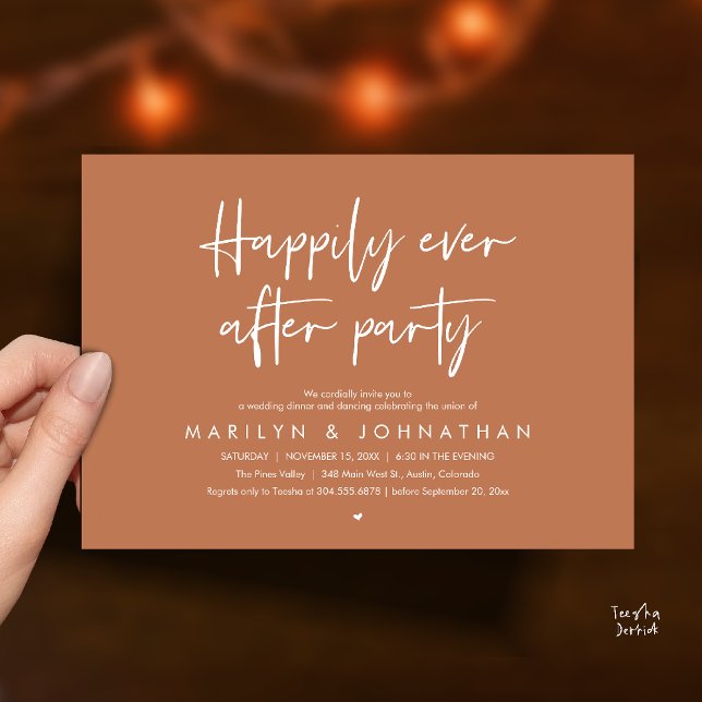 Invitación Happily Ever After Party, Wedding Dinner Dancing (Happily Ever After Party, Wedding Dinner Dancing Invitation Card in Terracotta Brown)