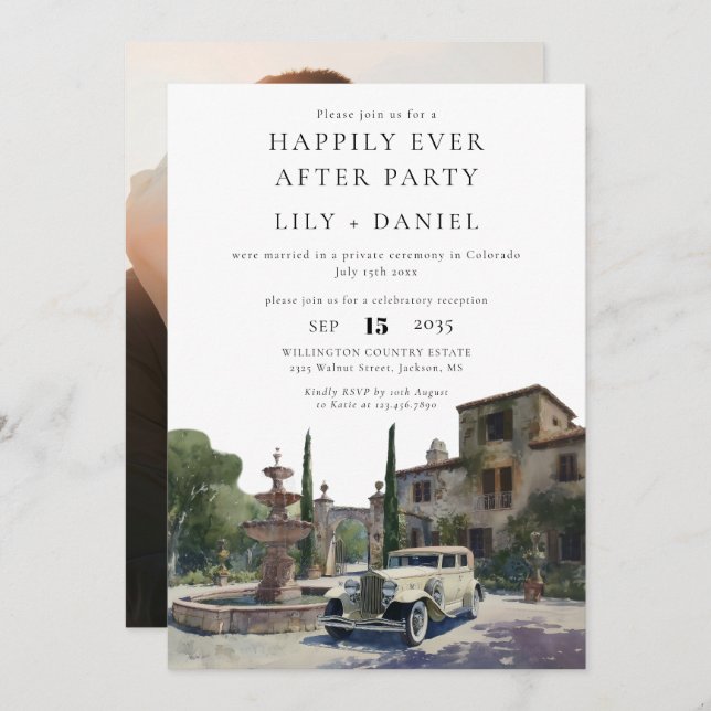 Invitación Happily Ever After Photo Old Money Estate Wedding (Anverso / Reverso)