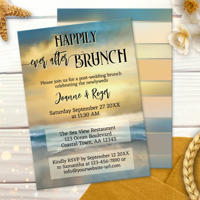 Invitación Happily Ever After Wedding Beach Brunch (After wedding brunch invitation showing an original fine art painting of a sunset at a stormy beach)