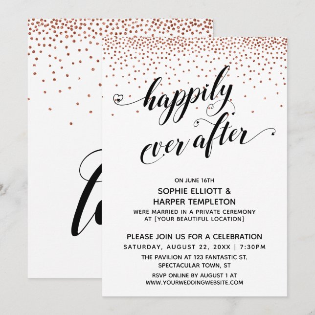 Invitación Happily Ever Ever Corazones Guión Confeti de Cobre (Anverso / Reverso)