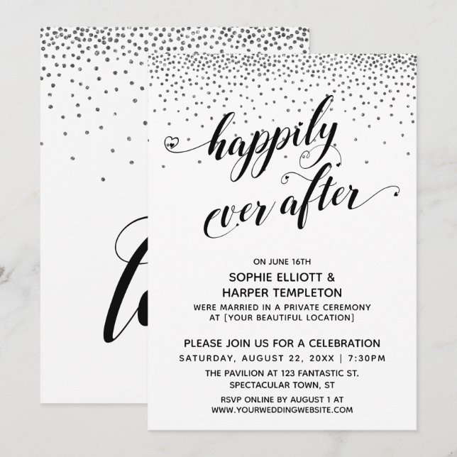 Invitación Happily Ever Ever Hearts Script Confeti Plateado (Anverso / Reverso)