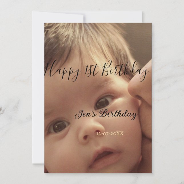 Invitación Happy 1st birthday name photo date stylish calligr (Anverso)