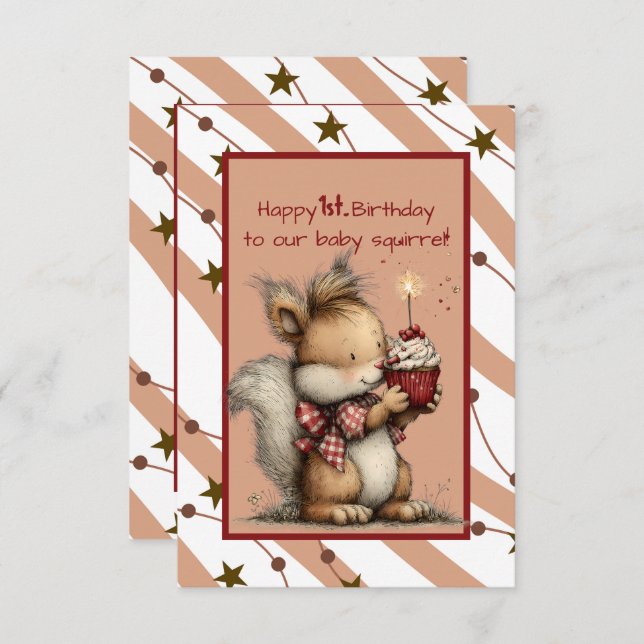 Invitación Happy 1st. Birthday to Our Baby Squirrel (Anverso / Reverso)