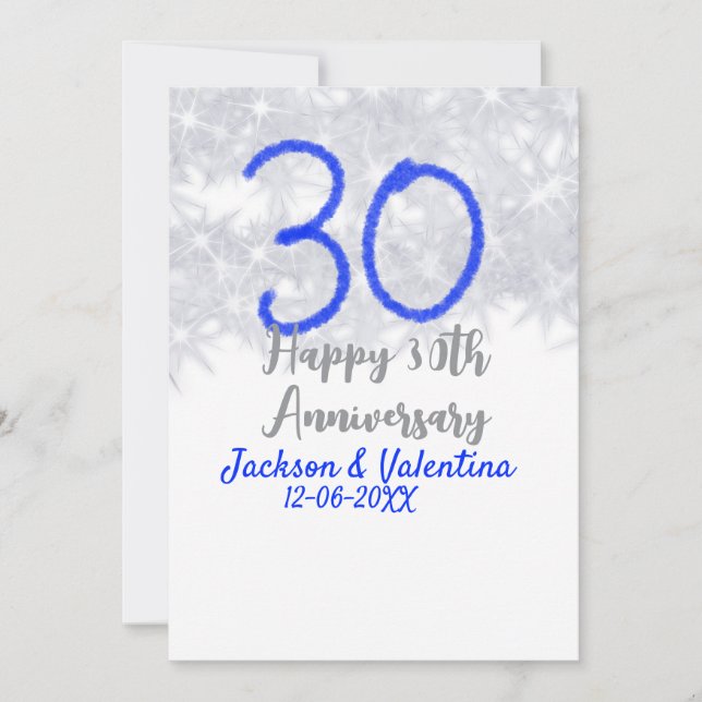 Invitación Happy 30th wedding anniversary silver blue glitter (Anverso)