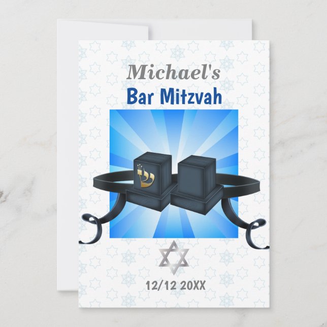 Invitación Happy Bar Mitzvah 20XX Tefillin Blue Invitation (Anverso)
