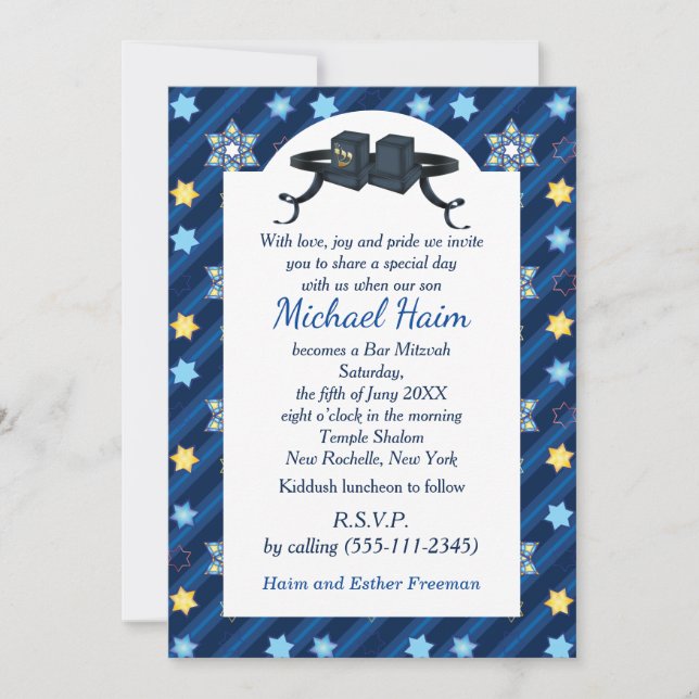 Invitación Happy Bar Mitzvah 20XX Tefillin Blue Star Modern (Anverso)