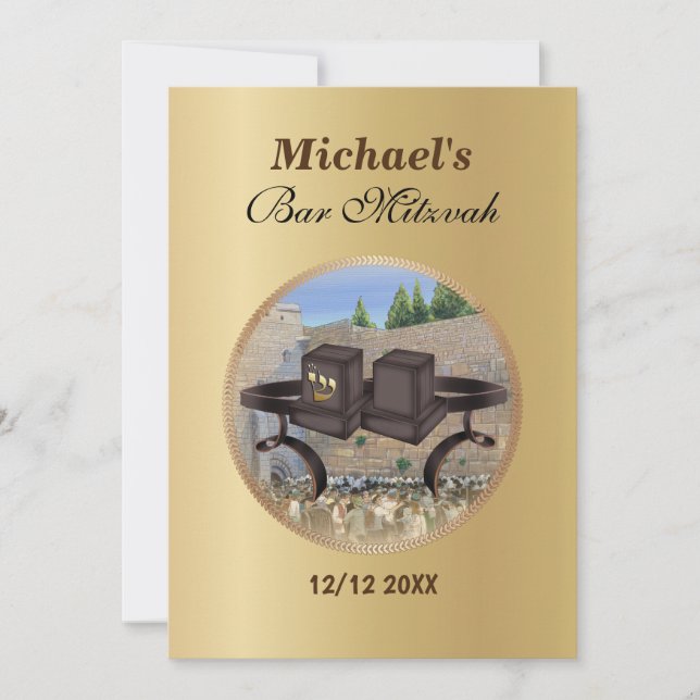 Invitación Happy Bar Mitzvah Jerusalem Kotel Tefillin Gold (Anverso)