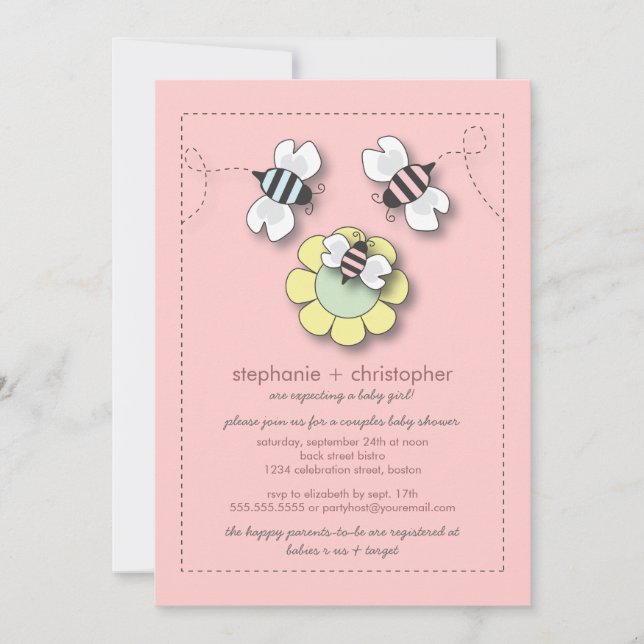 Invitación Happy Bee Family Couples Baby Shower for Chica (Anverso)