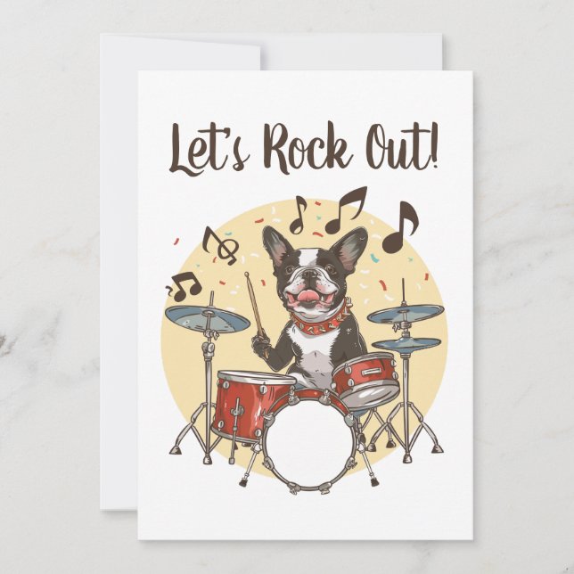Invitación Happy Birthday Boston Terrier Dog Playing Drums (Anverso)