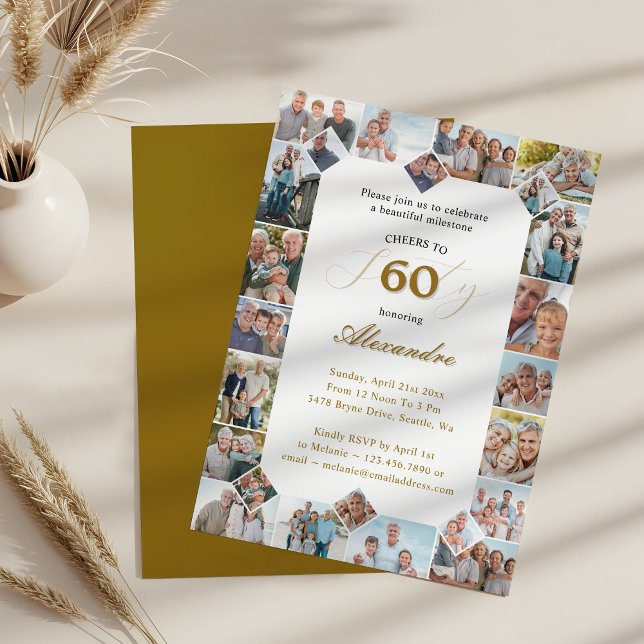 Invitación Happy Birthday Cheers To 60 Years Photo Collage (Happy Birthday Cheers To 60 Years Photo Collage Invitation)