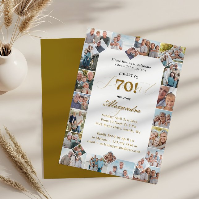 Invitación Happy Birthday Cheers To 70 Years Photo Collage (Happy Birthday Cheers To 70 Years Photo Collage Invitation)
