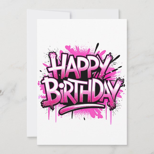 Invitación Happy Birthday Graffiti Pink & White Invite (Anverso)