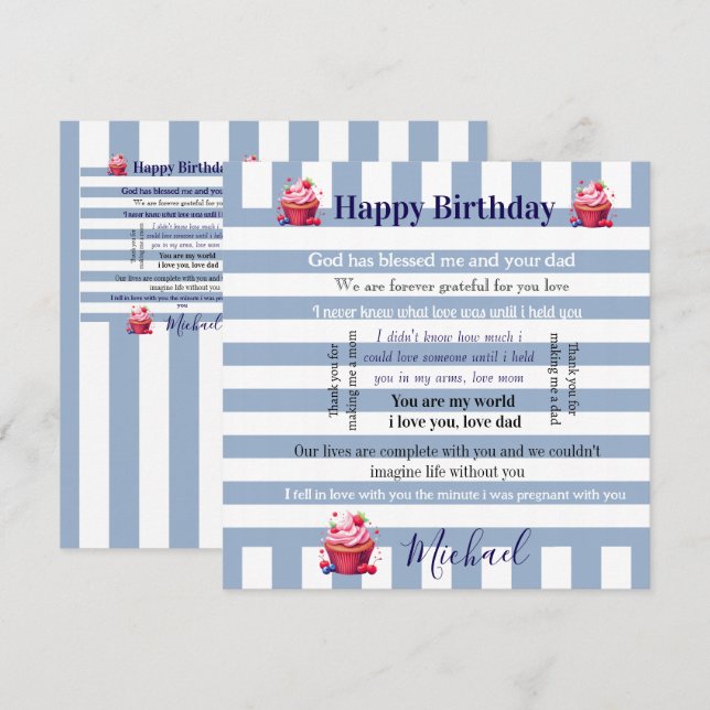 Invitación Happy Birthday Invitation Blue & White Stripe  (Anverso / Reverso)