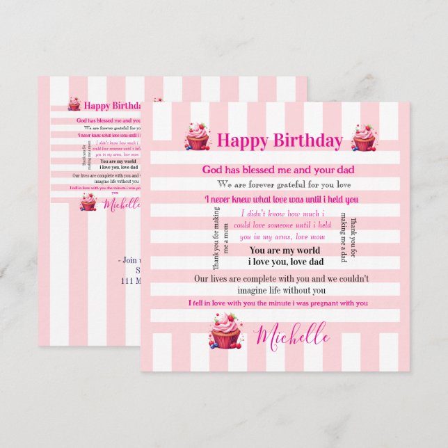 Invitación Happy Birthday Invitation Pink & White Stripe (Anverso / Reverso)