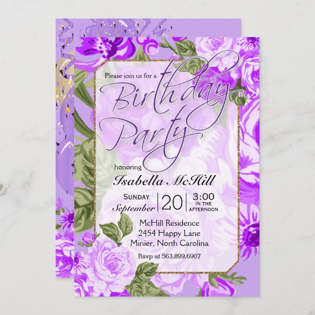 Invitación Happy BIrthday - Lavender Purple Floral Design (Anverso / Reverso)