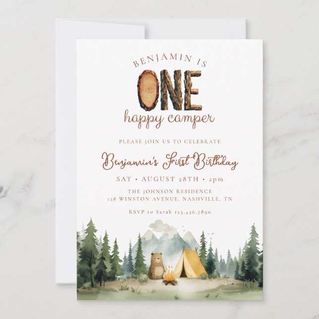 Invitación Happy Camper Forest Bear 1st Birthday (Anverso)