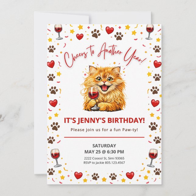 Invitación Happy Cat Wine Birthday Cheers to Another Year (Anverso)