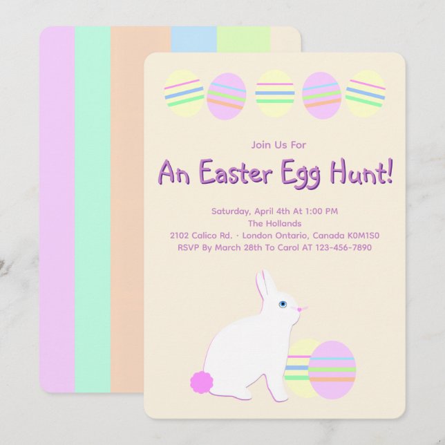 Invitación Happy Easter Bunny and Eggs on Pastel Stripes  (Anverso / Reverso)