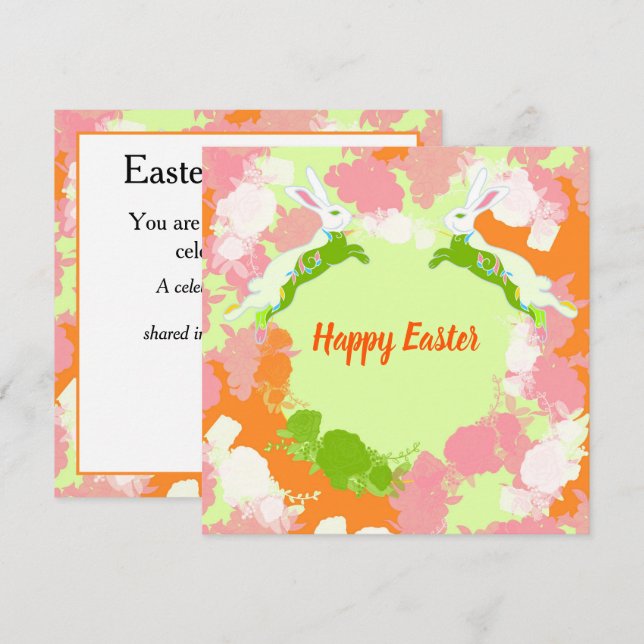 Invitación Happy Easter Invitation Card – Cute Bunny Floral  (Anverso / Reverso)