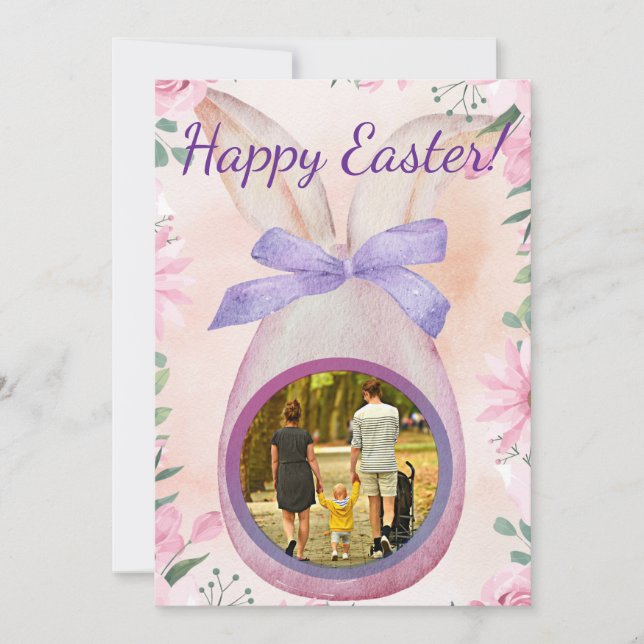 Invitación Happy Easter pink egg with bow insert photo (Anverso)
