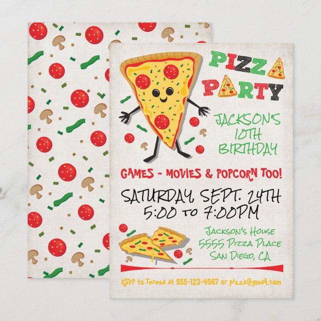 Invitación Happy Face Pizza Birthday Party Invitation (Anverso / Reverso)