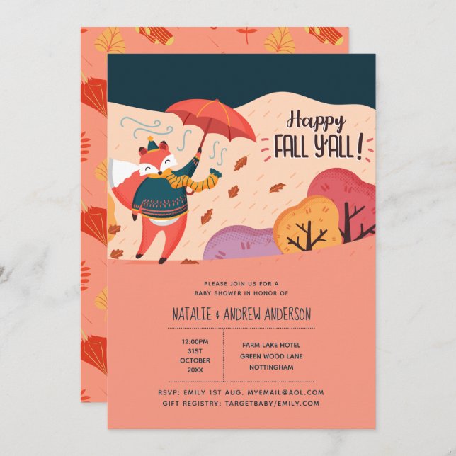 Invitación Happy Fall ya cogerás el Baby Shower de arte folcl (Anverso / Reverso)