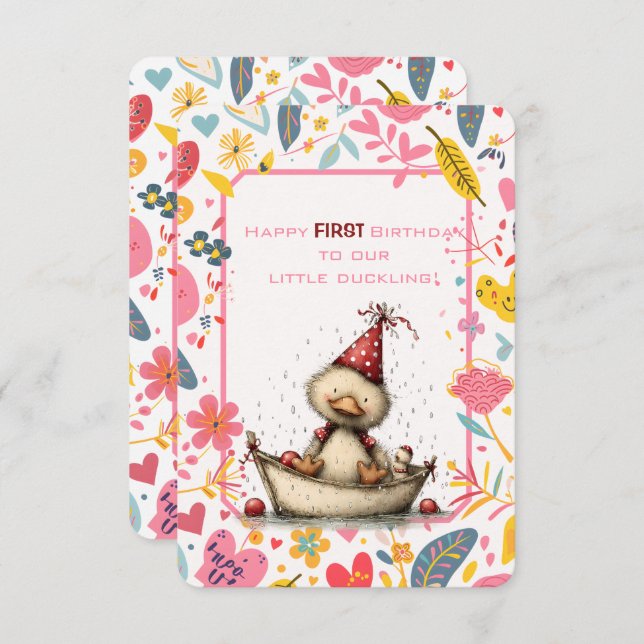 Invitación Happy First Birthday Our Little Duckling (Anverso / Reverso)