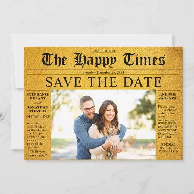 Invitación Happy Golden News Save the Date Photo Boda (Anverso)
