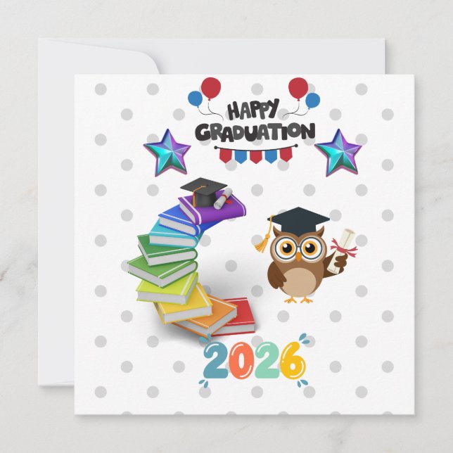Invitación Happy Graduation 2026 - Cute Owl & Books  (Anverso)