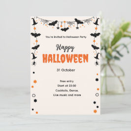 Invitación Happy Halloween Party Invitation with Bats, Stars