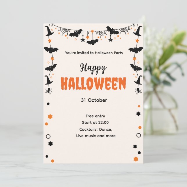 Invitación Happy Halloween Party Invitation with Bats, Stars  (Anverso de pie)