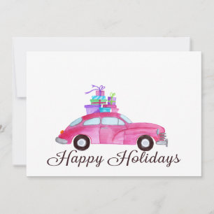 Invitación Happy Holidays Classic Car Watercolor